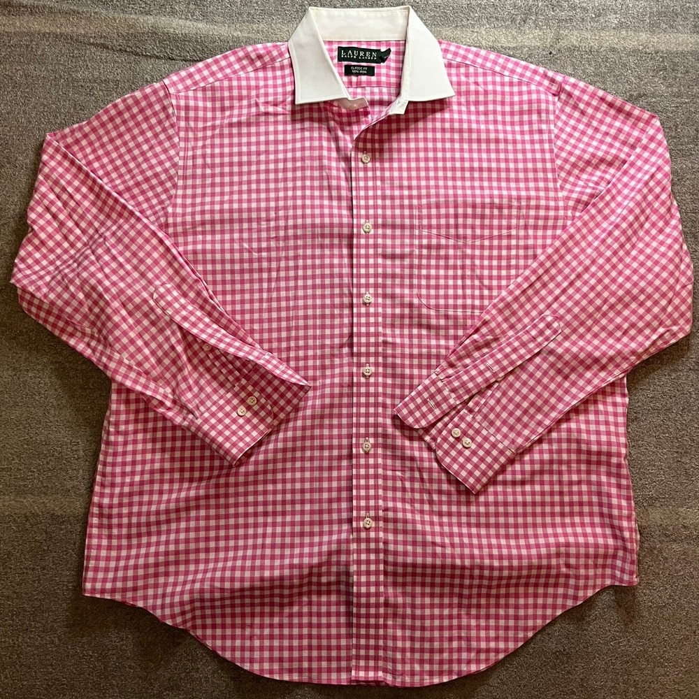 Lauren Ralph Lauren Mens 17 34/35 Pink Gingham Non Iron Classic Fit Shirt Preppy